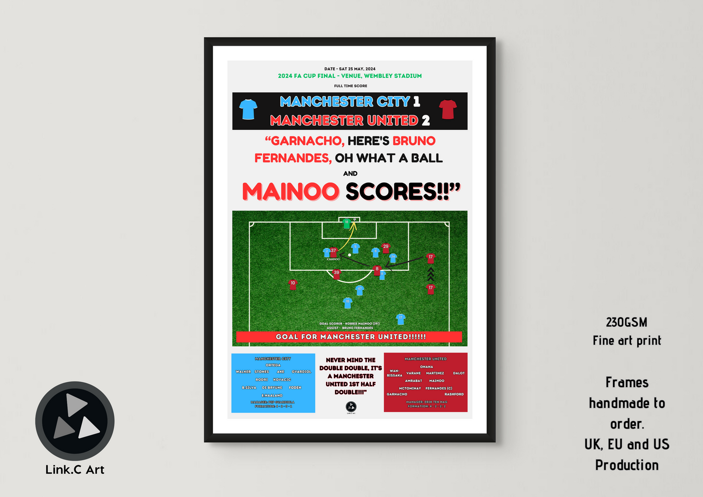 Mainoo Scores Retro Graphic Print - Kobbie Mainoo FA Cup final goal for Manchester United