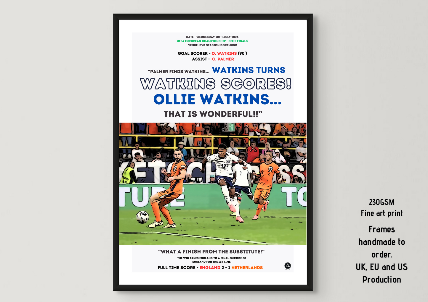 Watkins that is wonderful | England vs Netherlands Euro 2024 | Iconic Football Art Gift for England Fan | England Euro 2024 Gift for Fan