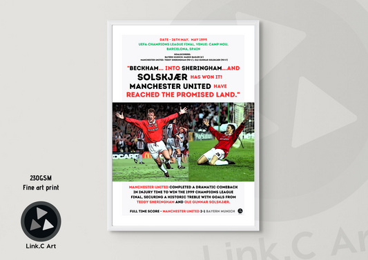 Manchester United 1999 Champions League Final Poster - Historic Treble Win