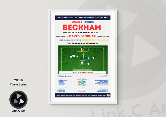 England vs Greece 2001 World Cup Qualifier Poster - David Beckham's Iconic Free Kick