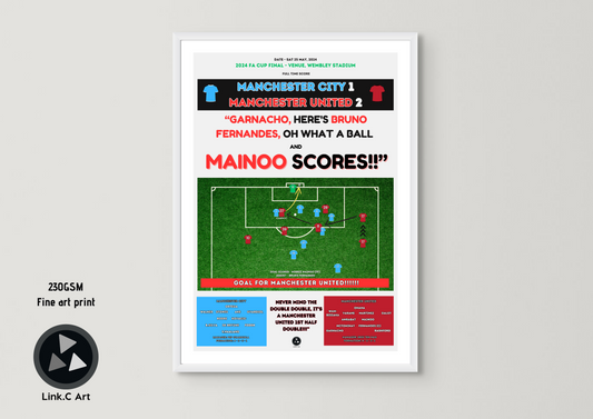 Mainoo Scores Retro Graphic Print - Kobbie Mainoo FA Cup final goal for Manchester United