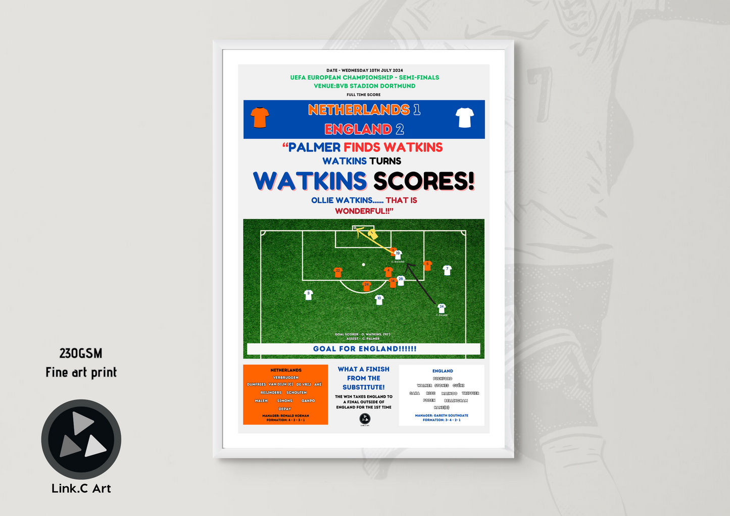 England Watkins Scores #2 | England vs Netherlands Euro 2024 | Iconic Football Art Gift for England Fan