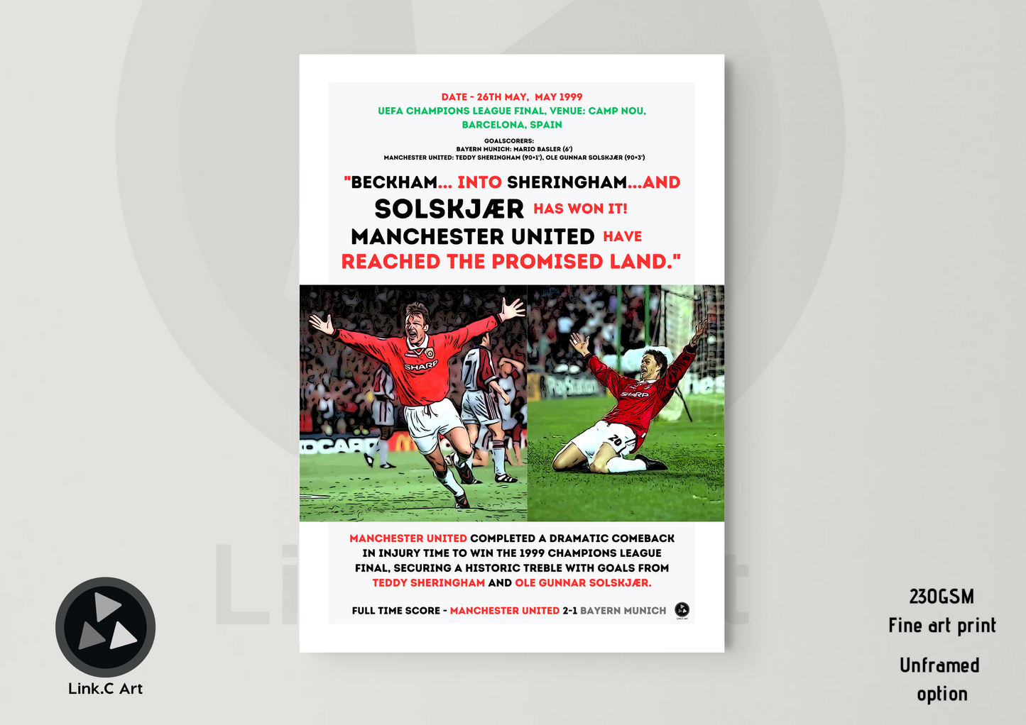 Manchester United 1999 Champions League Final Poster - Historic Treble Win