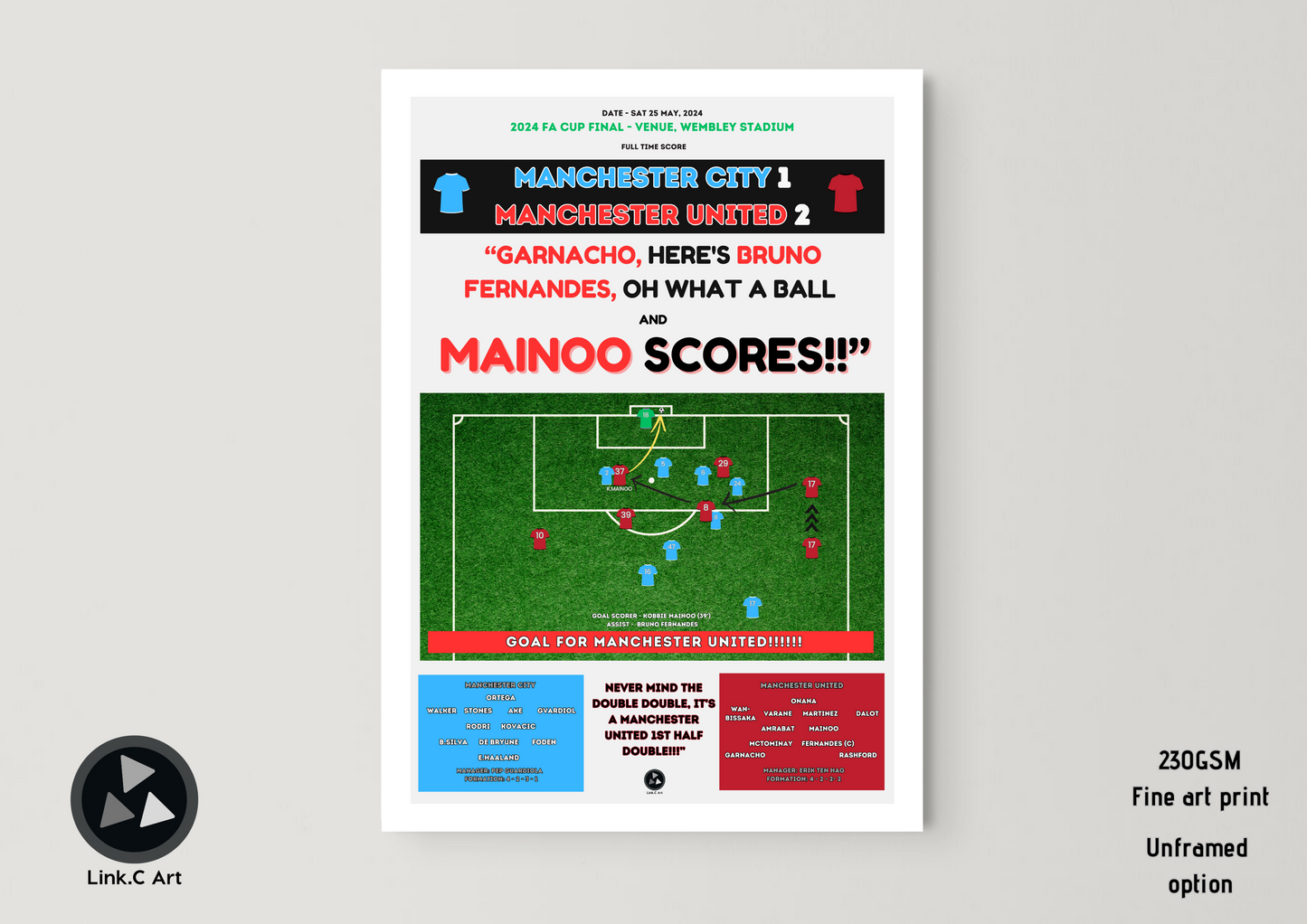 Mainoo Scores Retro Graphic Print - Kobbie Mainoo FA Cup final goal for Manchester United