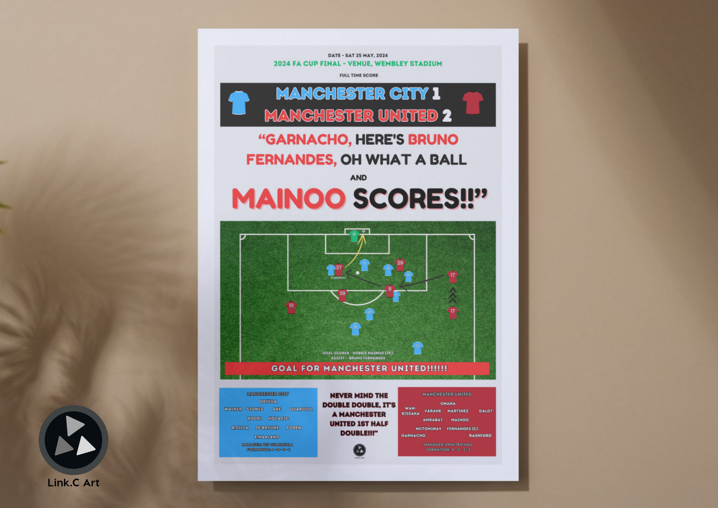 Mainoo Scores Retro Graphic Print - Kobbie Mainoo FA Cup final goal for Manchester United