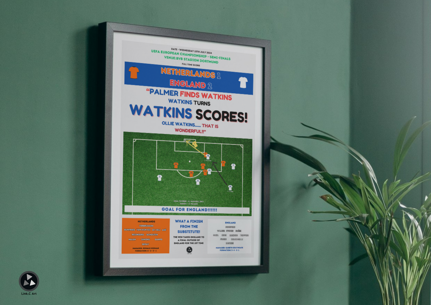 England Watkins Scores #2 | England vs Netherlands Euro 2024 | Iconic Football Art Gift for England Fan