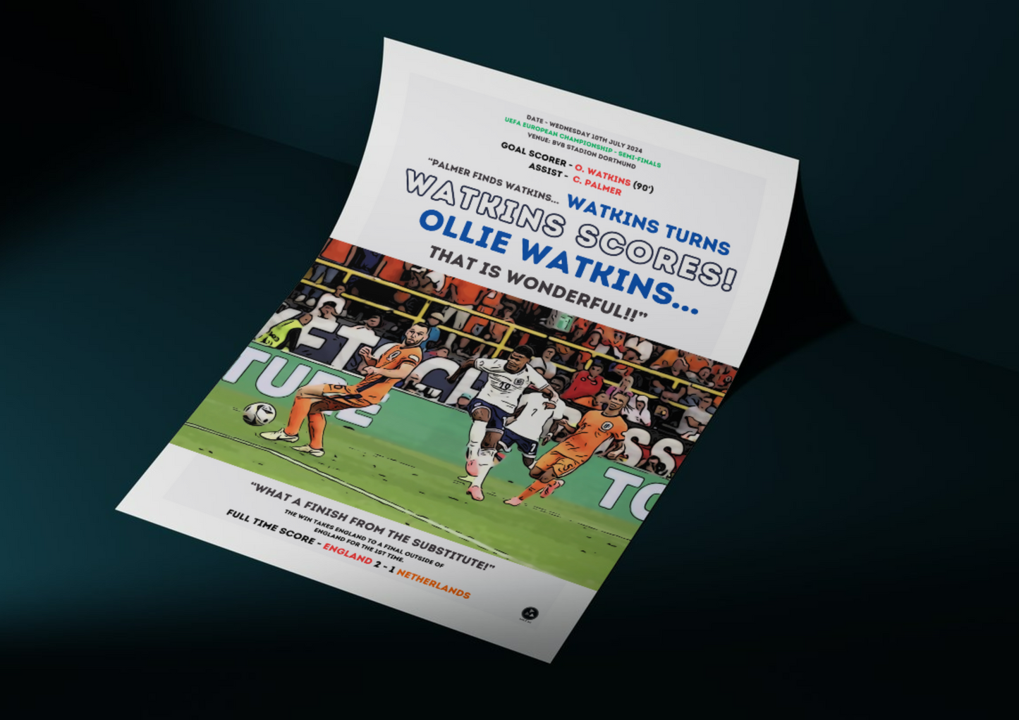 Watkins that is wonderful | England vs Netherlands Euro 2024 | Iconic Football Art Gift for England Fan | England Euro 2024 Gift for Fan