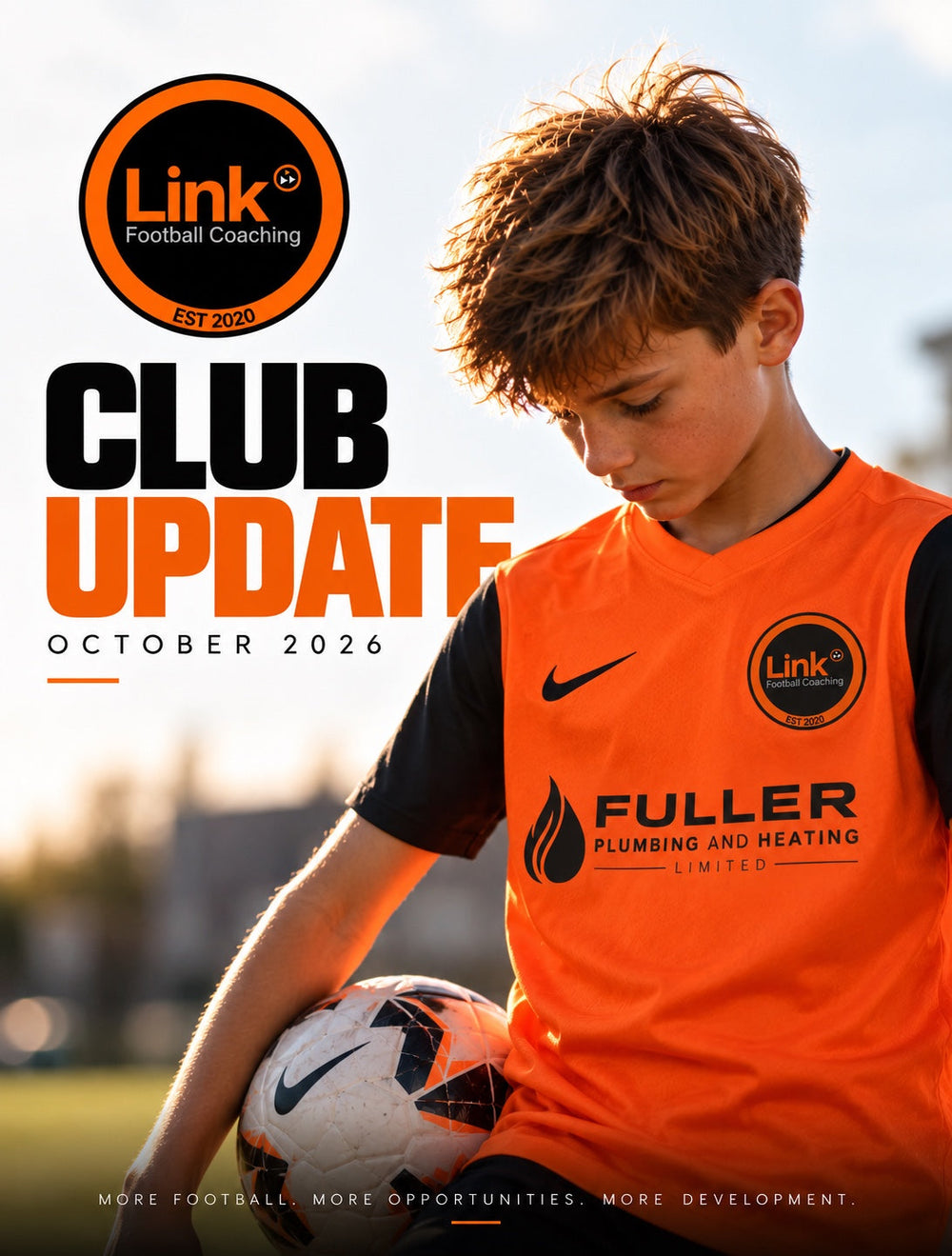 Link FC October 2026 Club Update – orange Link FC kit featuring Fuller Plumbing and Heating sponsor