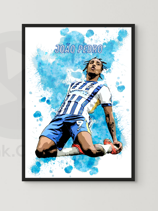 João Pedro #2 - Brighton & Hove Albion-  Football Art Print – Unframed & Framed Options | A4, A3, A2 | Black or White Frame | Sports Wall Decor