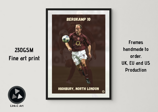 Dennis Bergkamp Retro Poster | Arsenal Centenary Kit | Classic Football Art Print | Perfect for Man Cave, Gym, or Home Study. Retro Kit