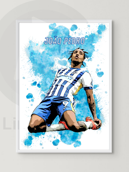 João Pedro #2 - Brighton & Hove Albion-  Football Art Print – Unframed & Framed Options | A4, A3, A2 | Black or White Frame | Sports Wall Decor