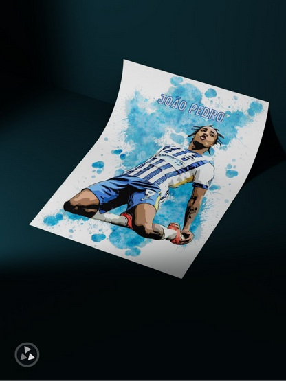 João Pedro #2 - Brighton & Hove Albion-  Football Art Print – Unframed & Framed Options | A4, A3, A2 | Black or White Frame | Sports Wall Decor