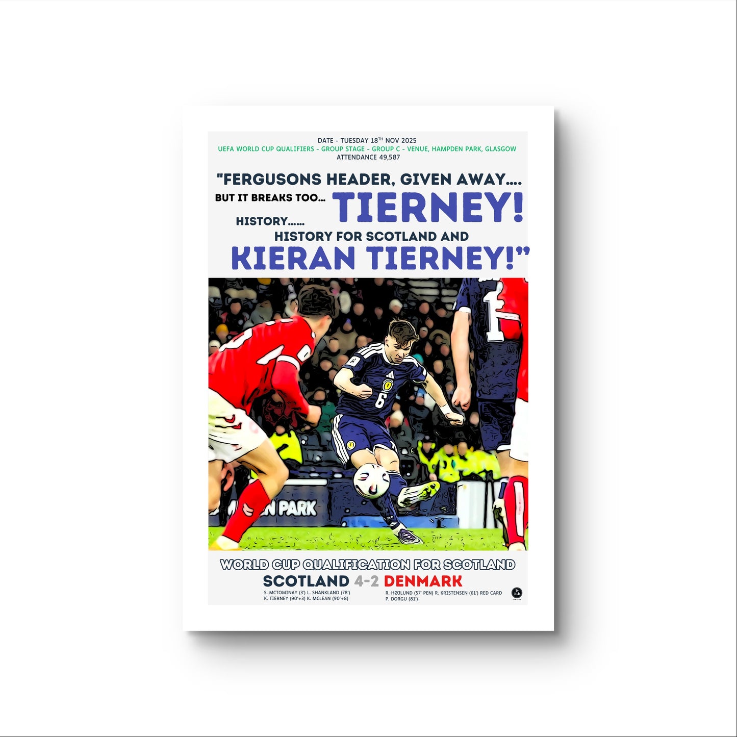 Kieran Tierney 93rd-Minute Winner Poster – Scotland 4-2 Denmark World Cup Qualifier 2025 – Historic Return to the Finals