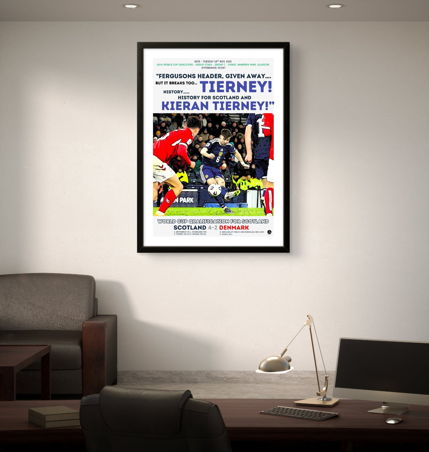 Kieran Tierney 93rd-Minute Winner Poster – Scotland 4-2 Denmark World Cup Qualifier 2025 – Historic Return to the Finals