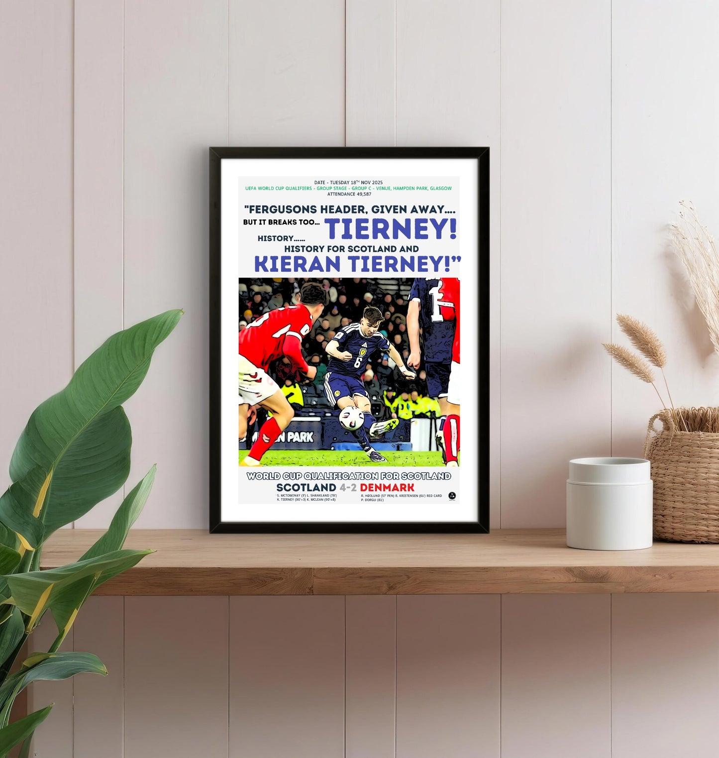 Kieran Tierney 93rd-Minute Winner Poster – Scotland 4-2 Denmark World Cup Qualifier 2025 – Historic Return to the Finals