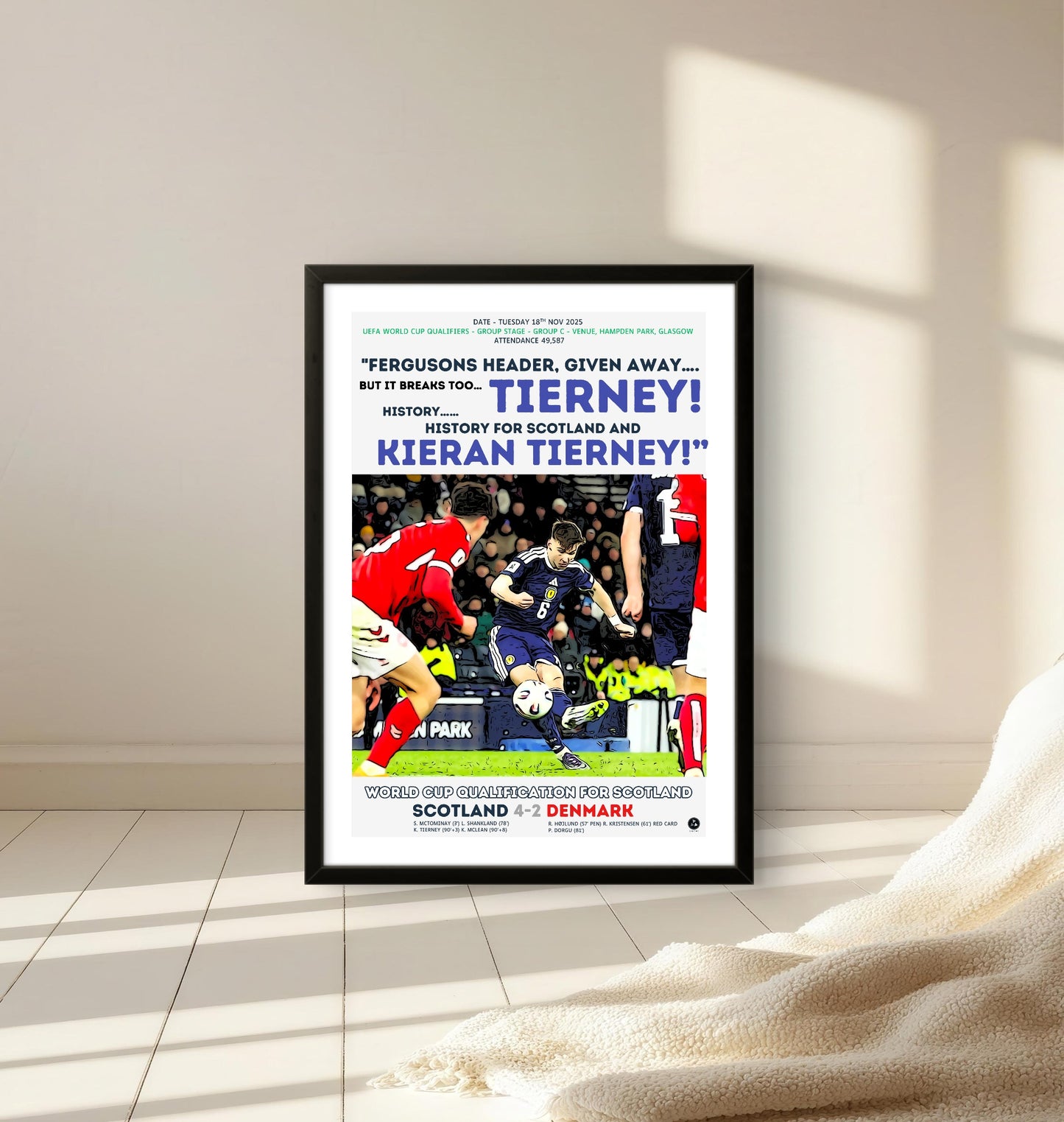 Kieran Tierney 93rd-Minute Winner Poster – Scotland 4-2 Denmark World Cup Qualifier 2025 – Historic Return to the Finals