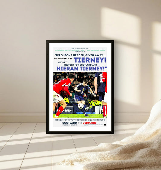 Kieran Tierney 93rd-Minute Winner Poster – Scotland 4-2 Denmark World Cup Qualifier 2025 – Historic Return to the Finals